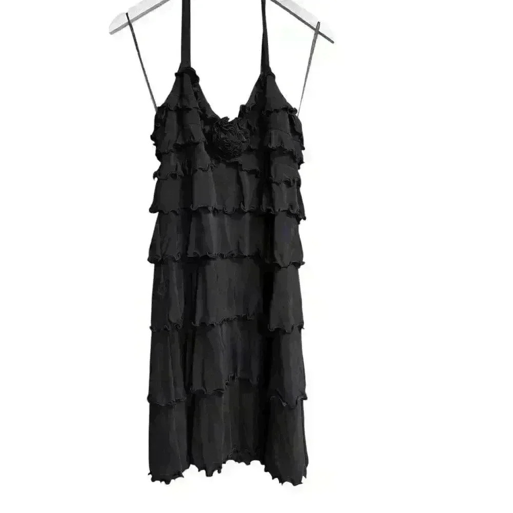 BCBGMaxAzeria Layered Ruffle Little Brown Halter Dress Open Back Size M